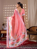 Aastha Fashion Peach Soft Linen Cotton Printed Saree | Grocsy
