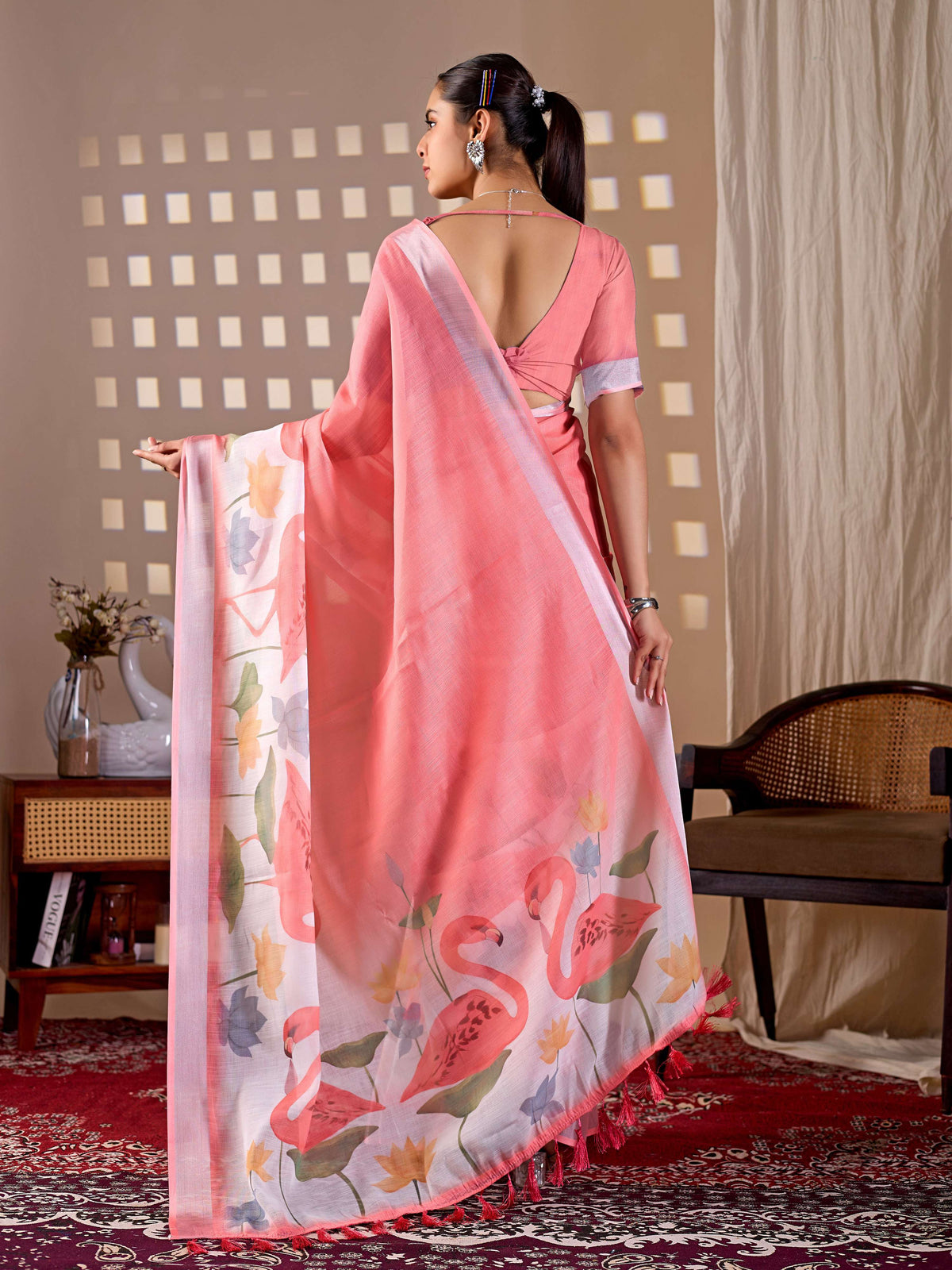Aastha Fashion Peach Soft Linen Cotton Printed Saree | Grocsy