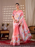 Aastha Fashion Peach Soft Linen Cotton Printed Saree | Grocsy