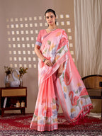 Aastha Fashion Peach Soft Linen Cotton Printed Saree | Grocsy