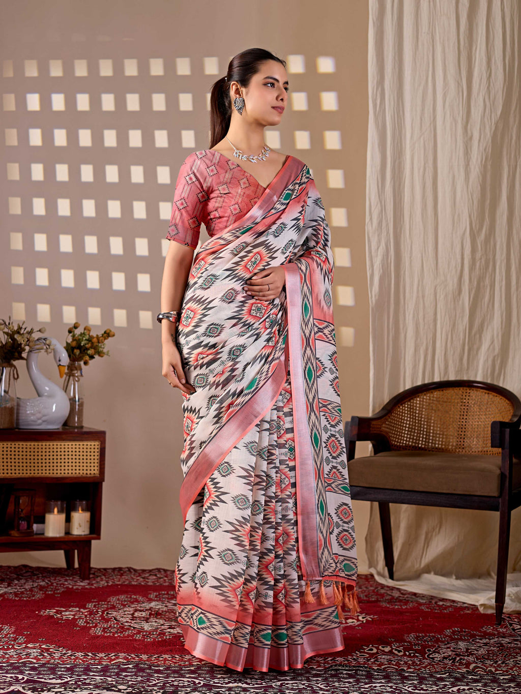 Aastha Fashion Multi Soft Linen Cotton Printed Saree | Grocsy