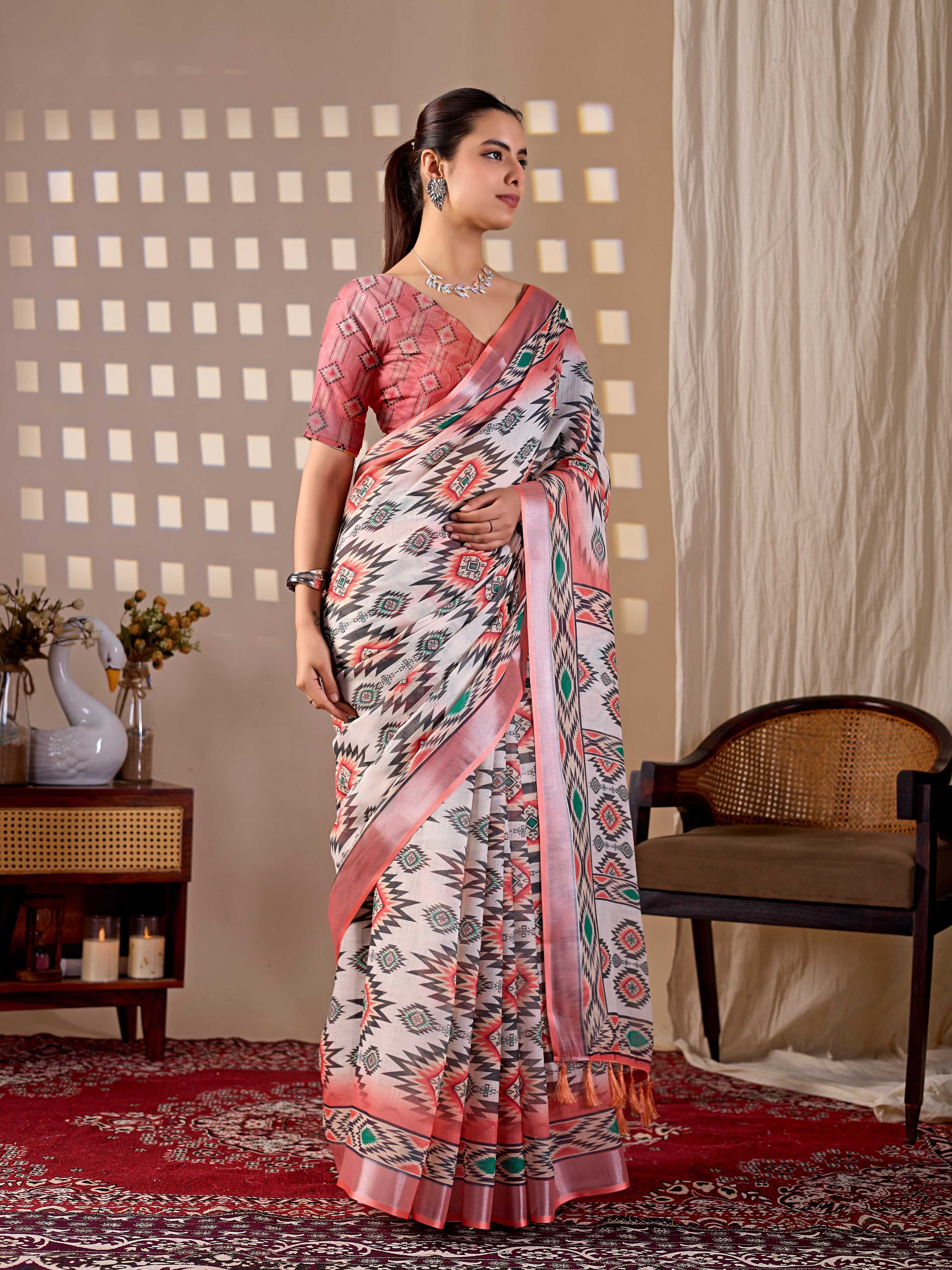 Aastha Fashion Multi Soft Linen Cotton Printed Saree | Grocsy