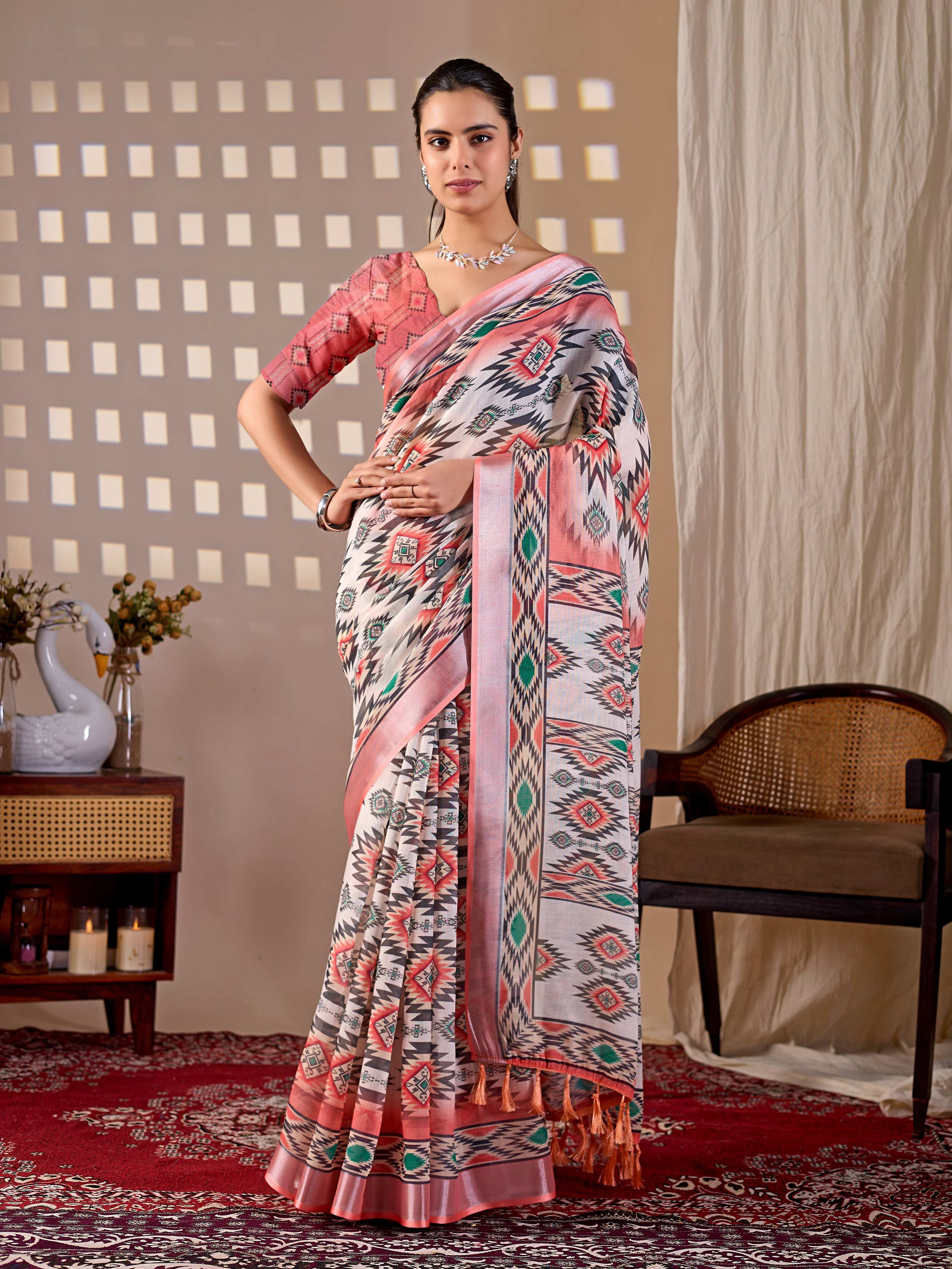 Aastha Fashion Multi Soft Linen Cotton Printed Saree | Grocsy