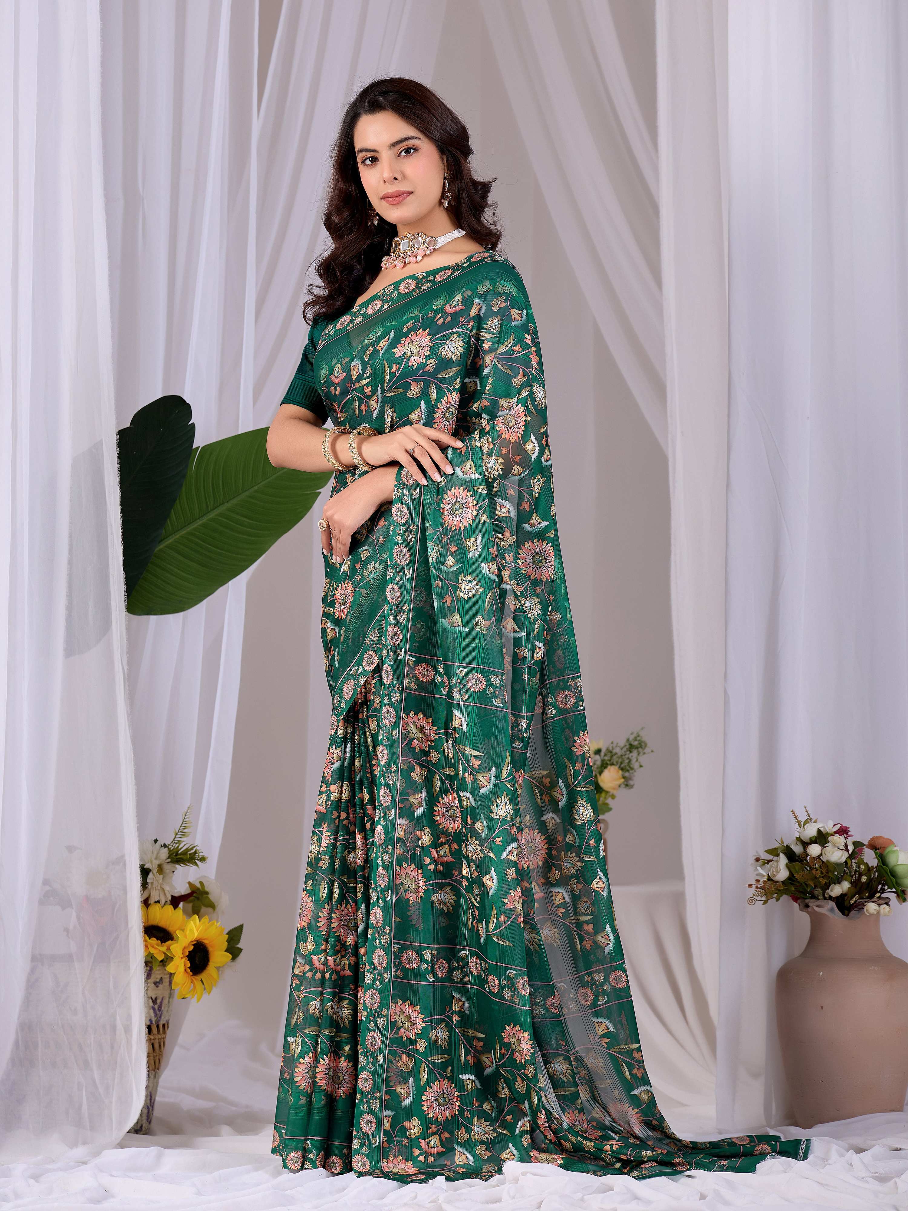 Aastha Fashion Green Monsoon Printed Saree | Grocsy
