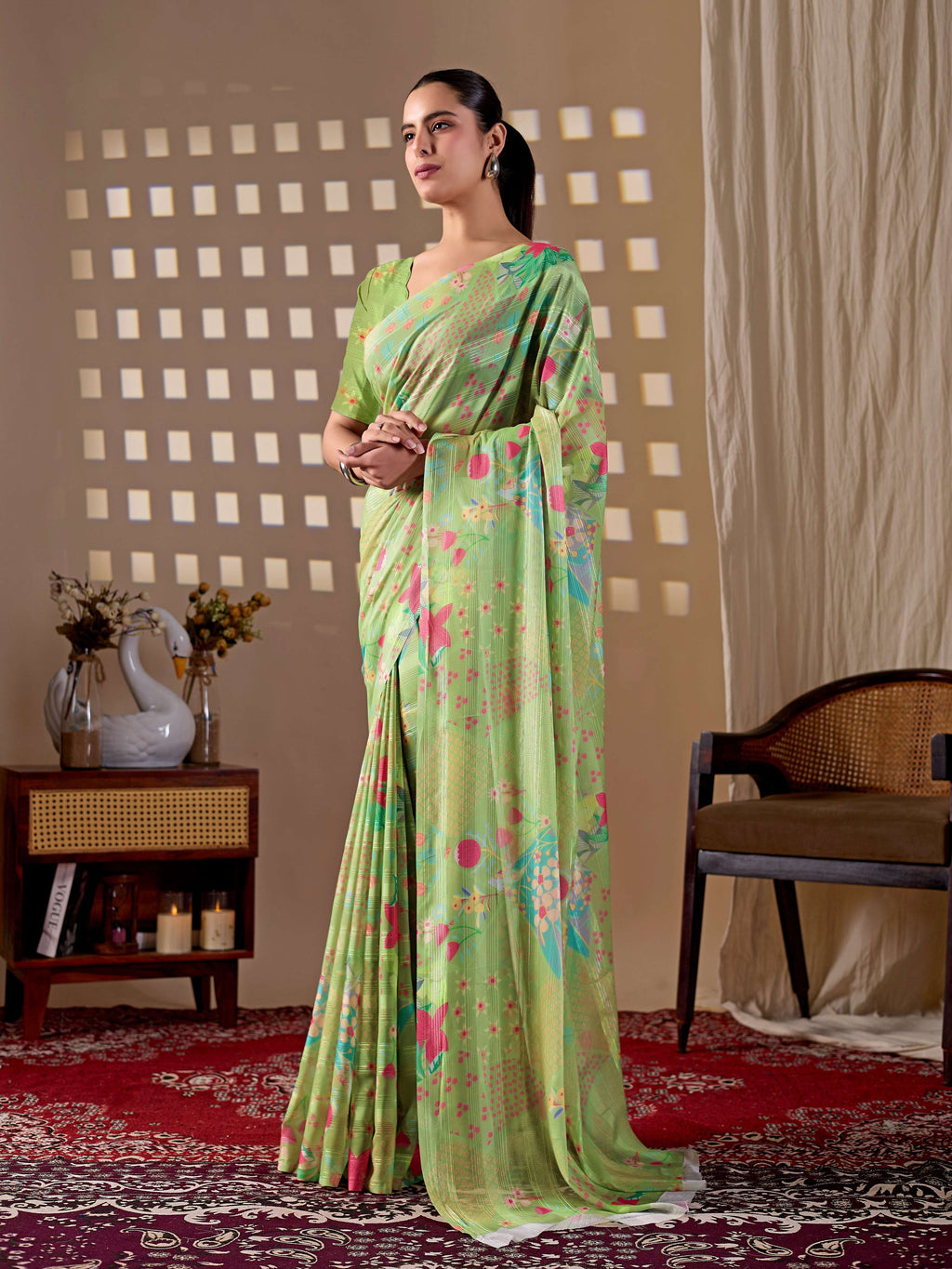 Aastha Fashion Pista Monsoon Printed Saree | Grocsy