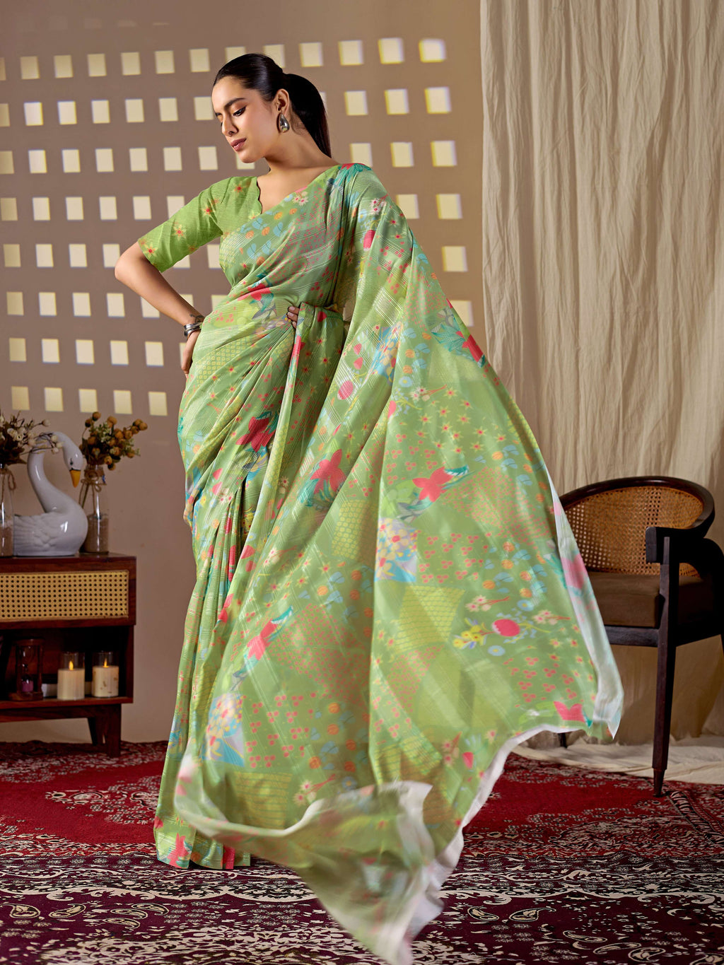Aastha Fashion Pista Monsoon Printed Saree | Grocsy