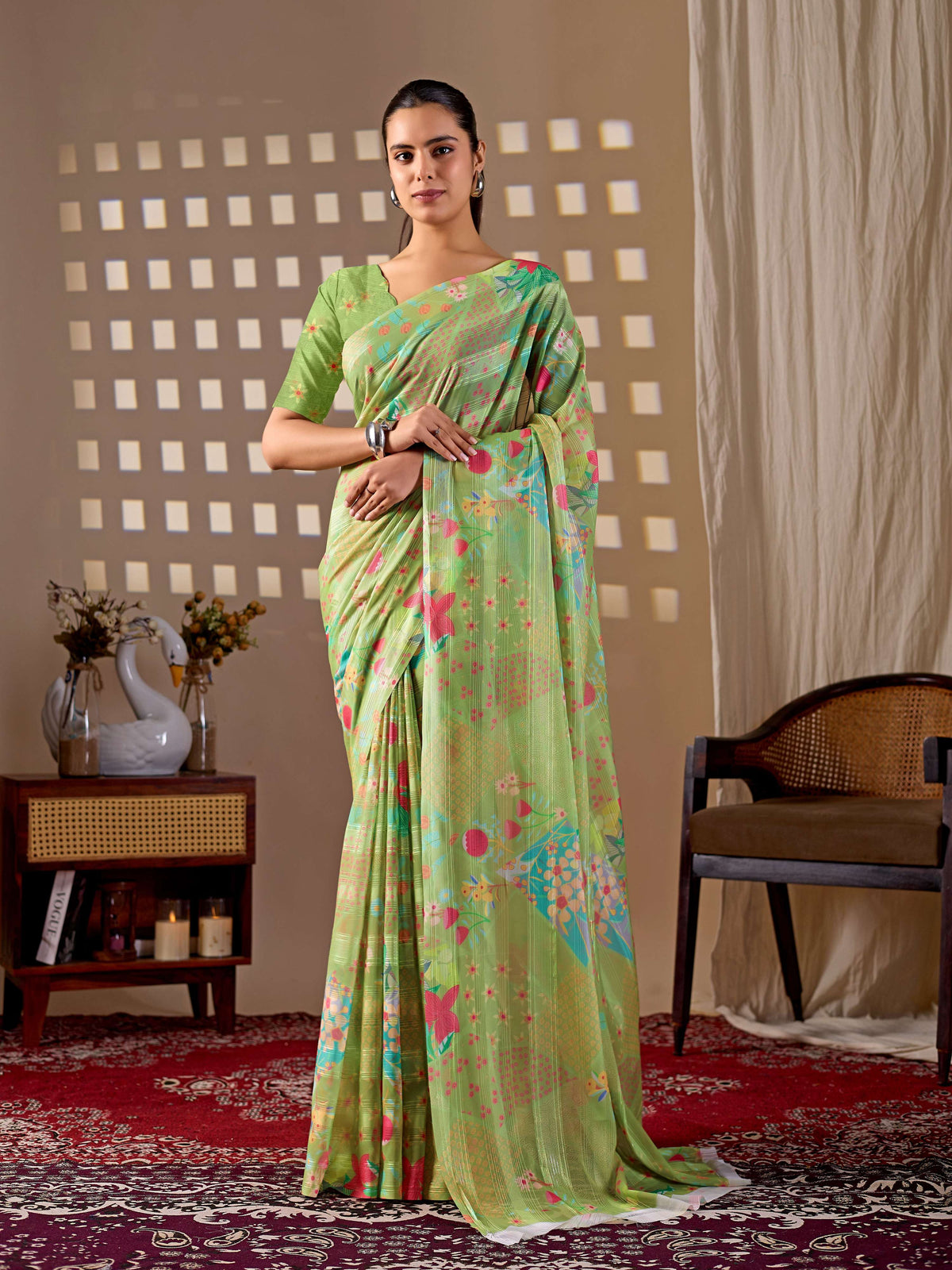 Aastha Fashion Pista Monsoon Printed Saree | Grocsy