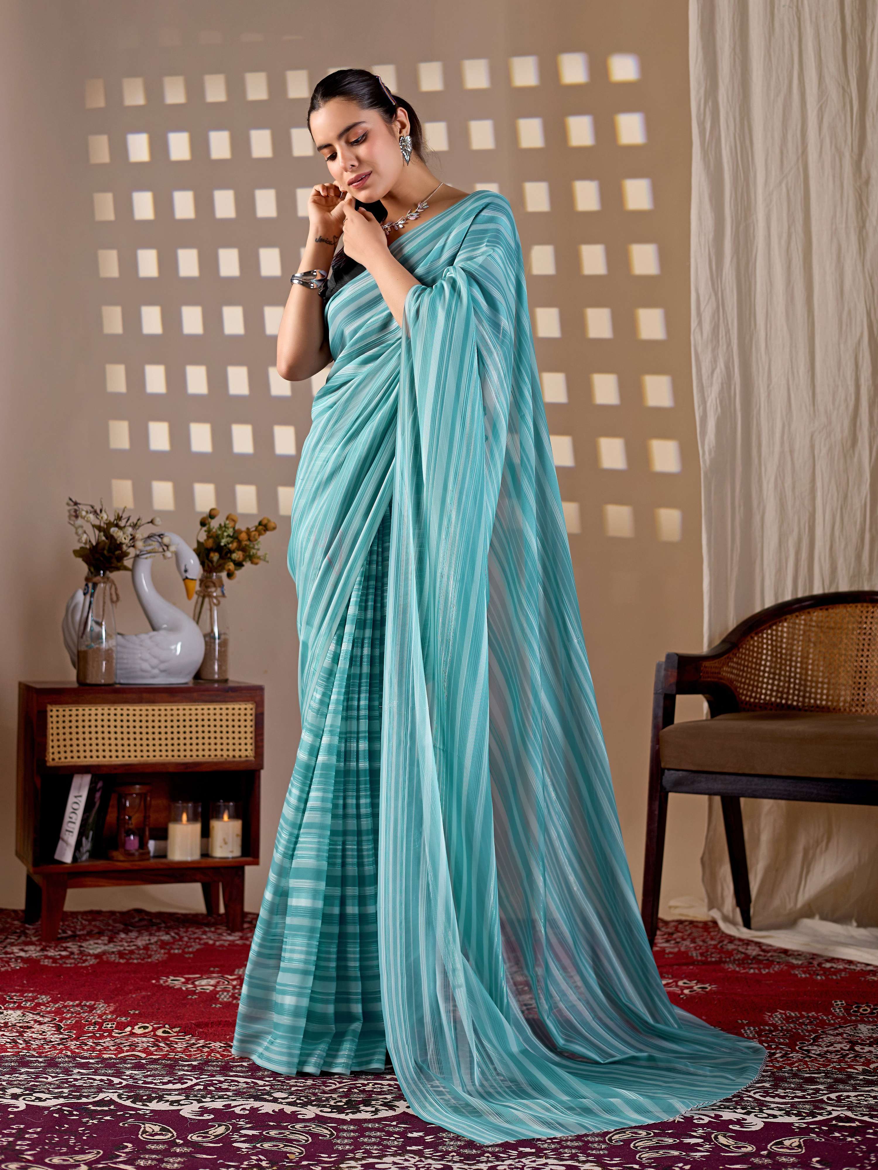Aastha Fashion See Green Monsoon Printed Saree | Grocsy