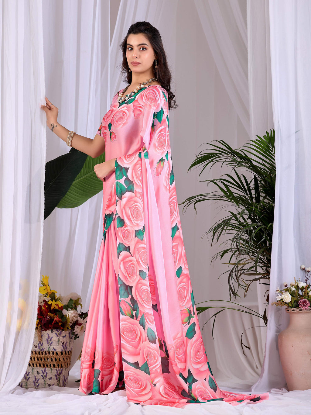 Aastha Fashion Pink Soft Satin Floral Digital Print Saree | Grocsy