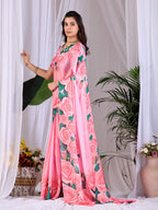 Aastha Fashion Pink Soft Satin Floral Digital Print Saree | Grocsy