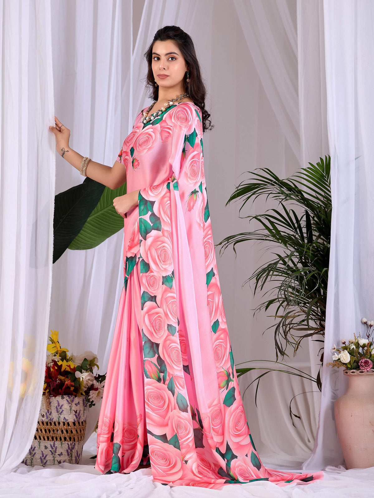 Aastha Fashion Pink Soft Satin Floral Digital Print Saree | Grocsy