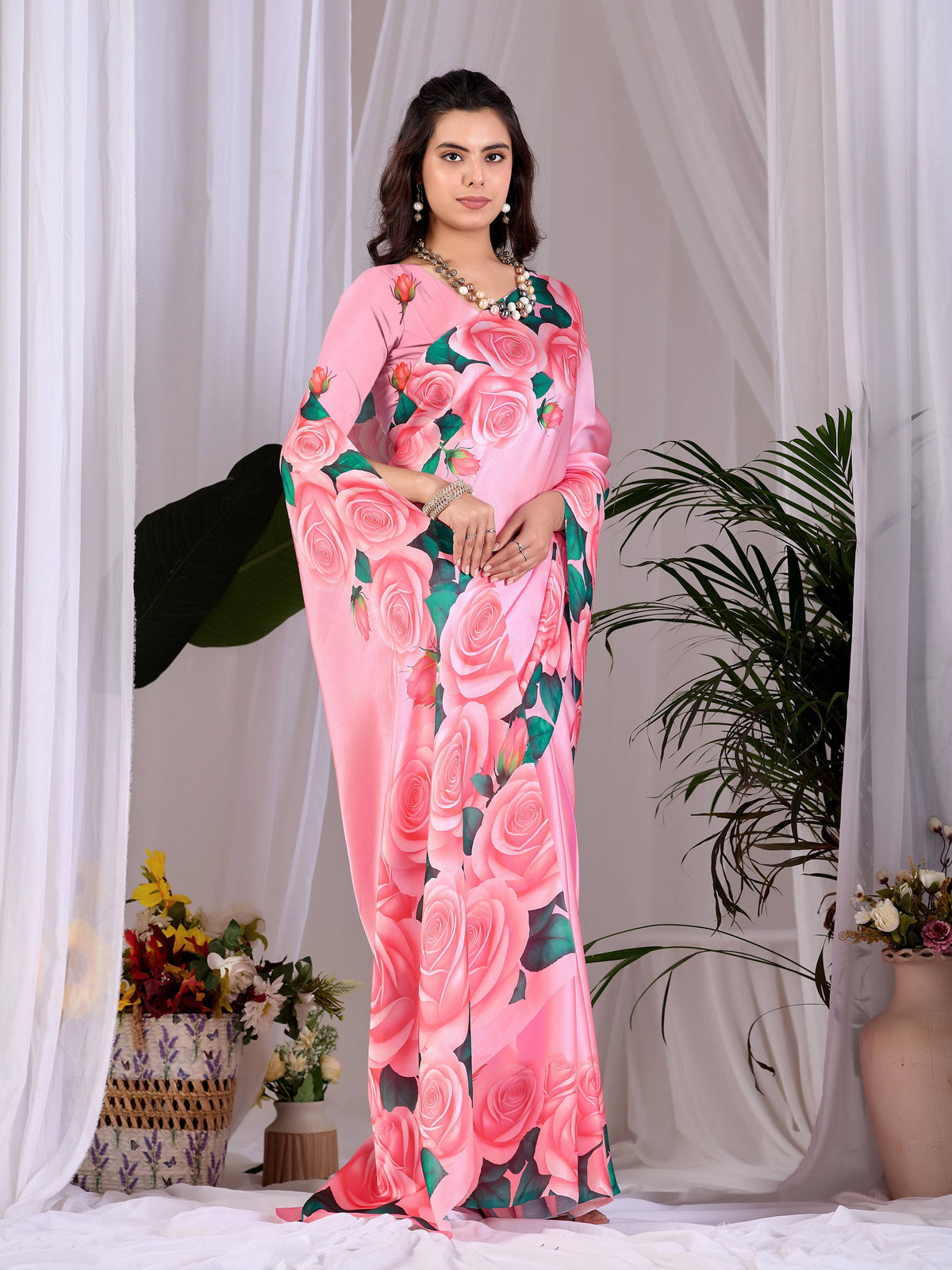 Aastha Fashion Pink Soft Satin Floral Digital Print Saree | Grocsy