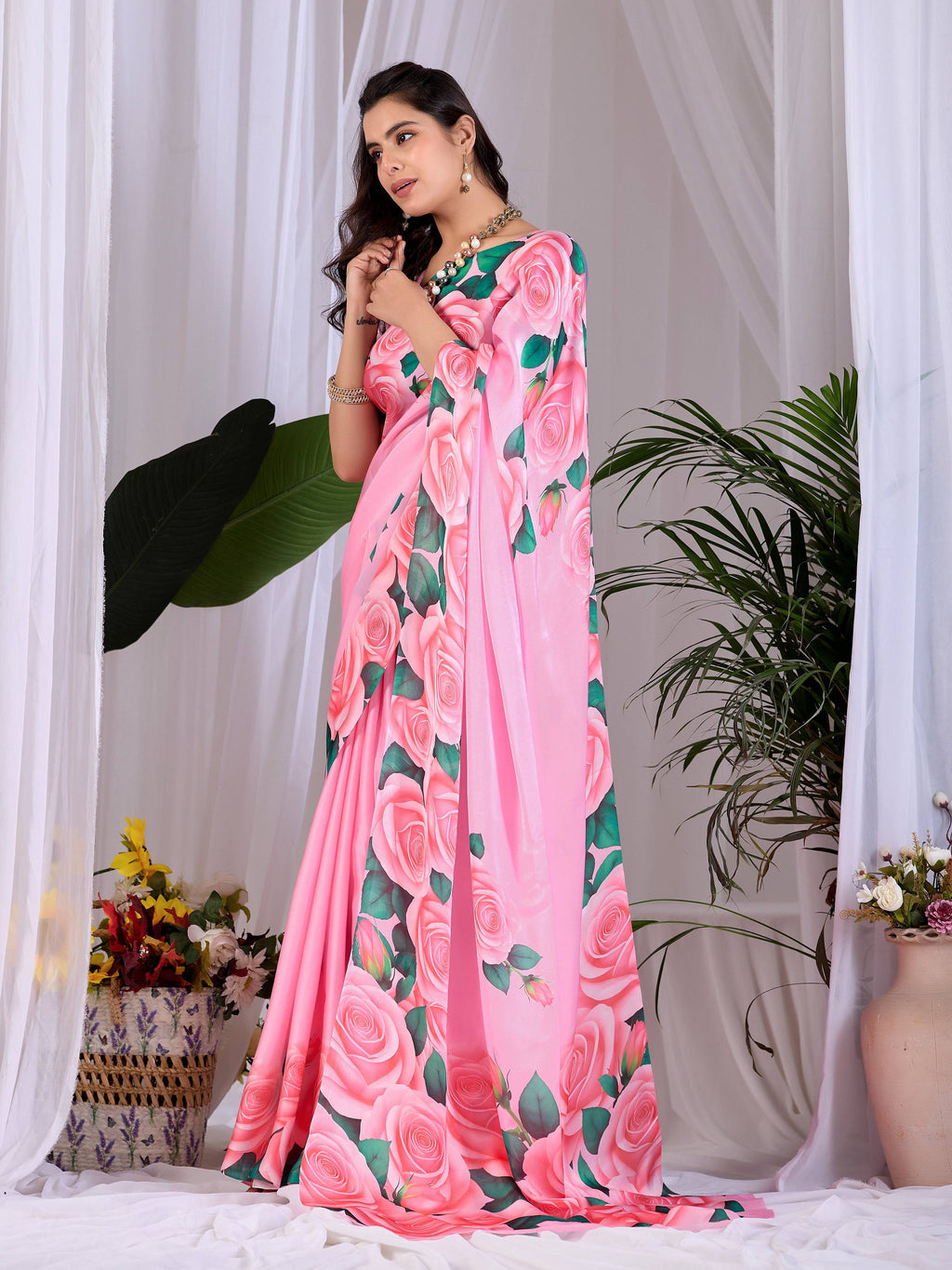 Aastha Fashion Pink Soft Satin Floral Digital Print Saree | Grocsy