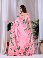 Aastha Fashion Pink Soft Satin Floral Digital Print Saree | Grocsy