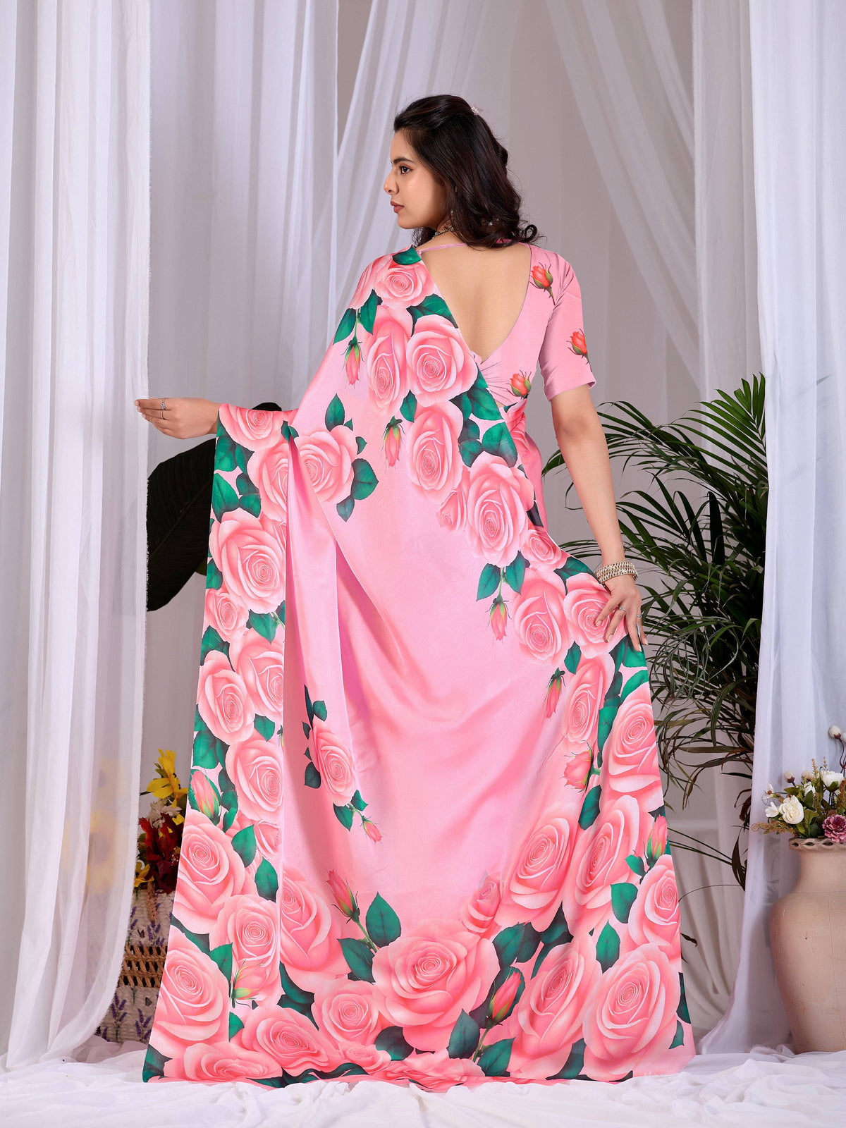 Aastha Fashion Pink Soft Satin Floral Digital Print Saree | Grocsy