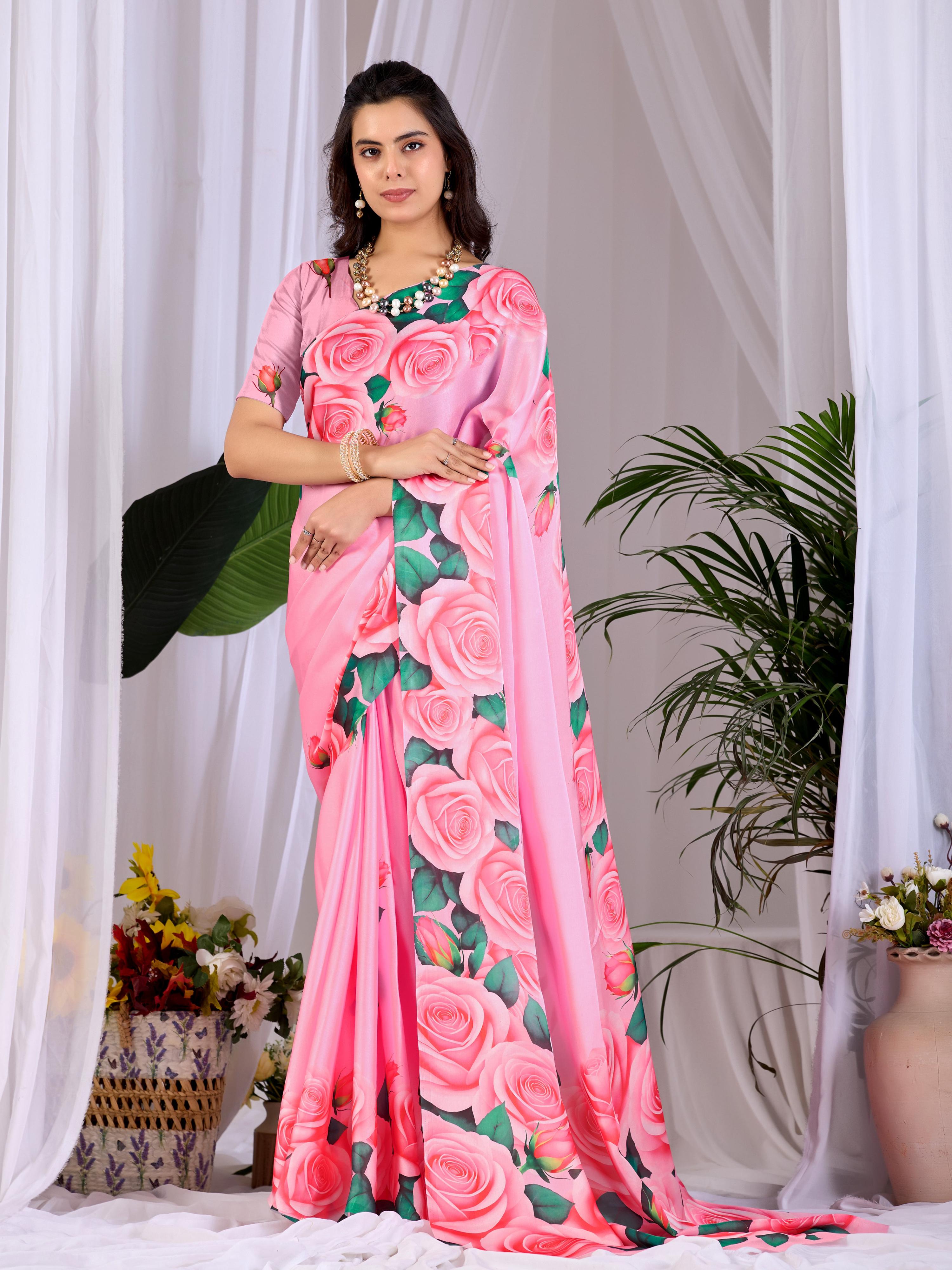 Aastha Fashion Pink Soft Satin Floral Digital Print Saree | Grocsy