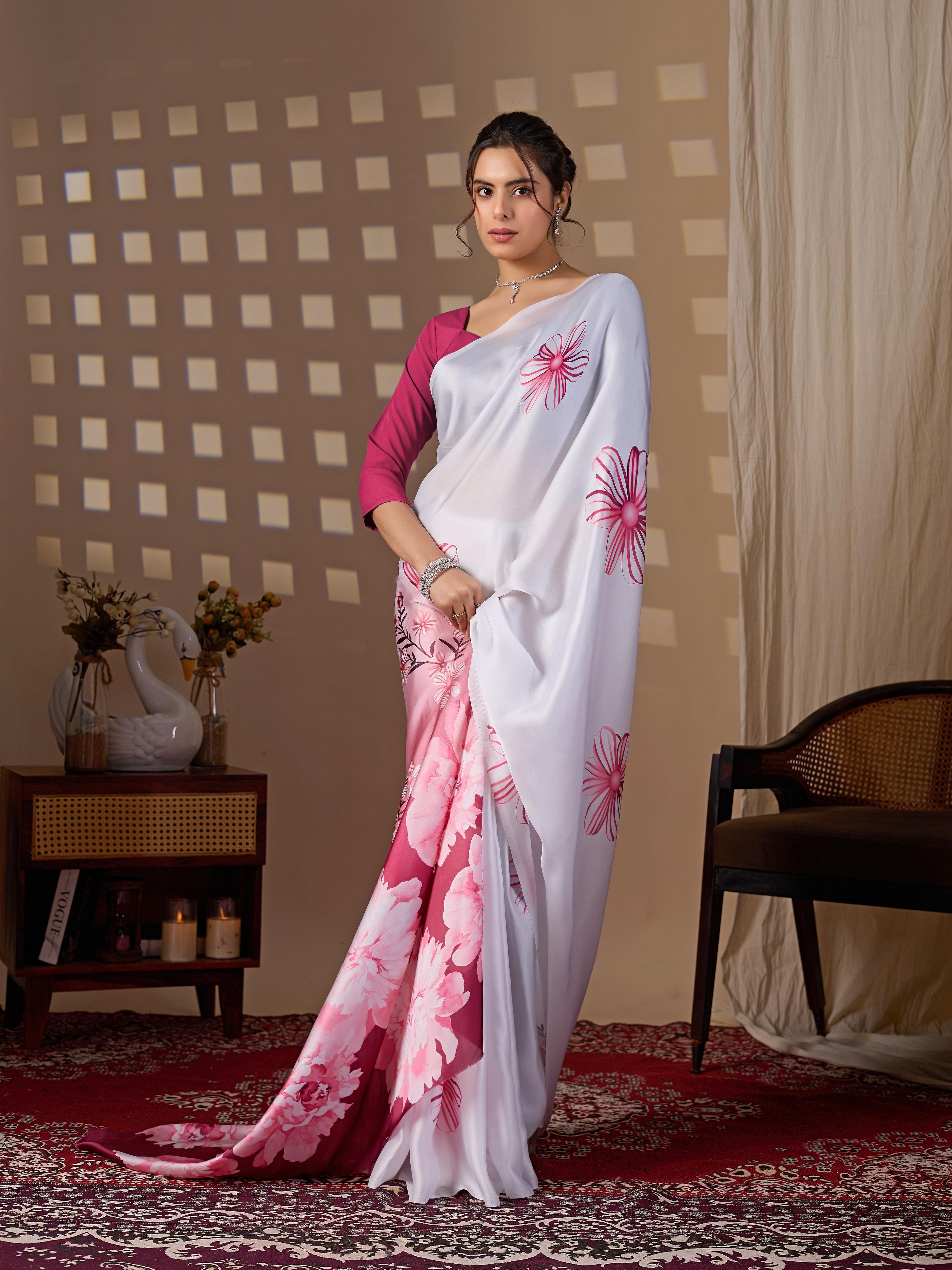 Aastha Fashion White Soft Satin Floral Digital Print Saree | Grocsy