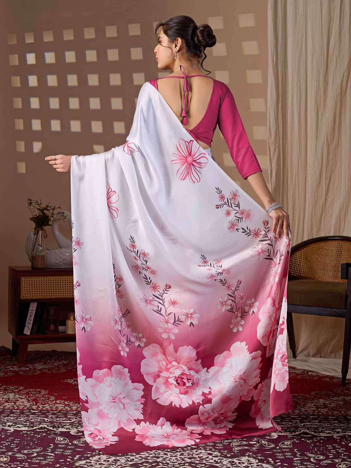 Aastha Fashion White Soft Satin Floral Digital Print Saree | Grocsy