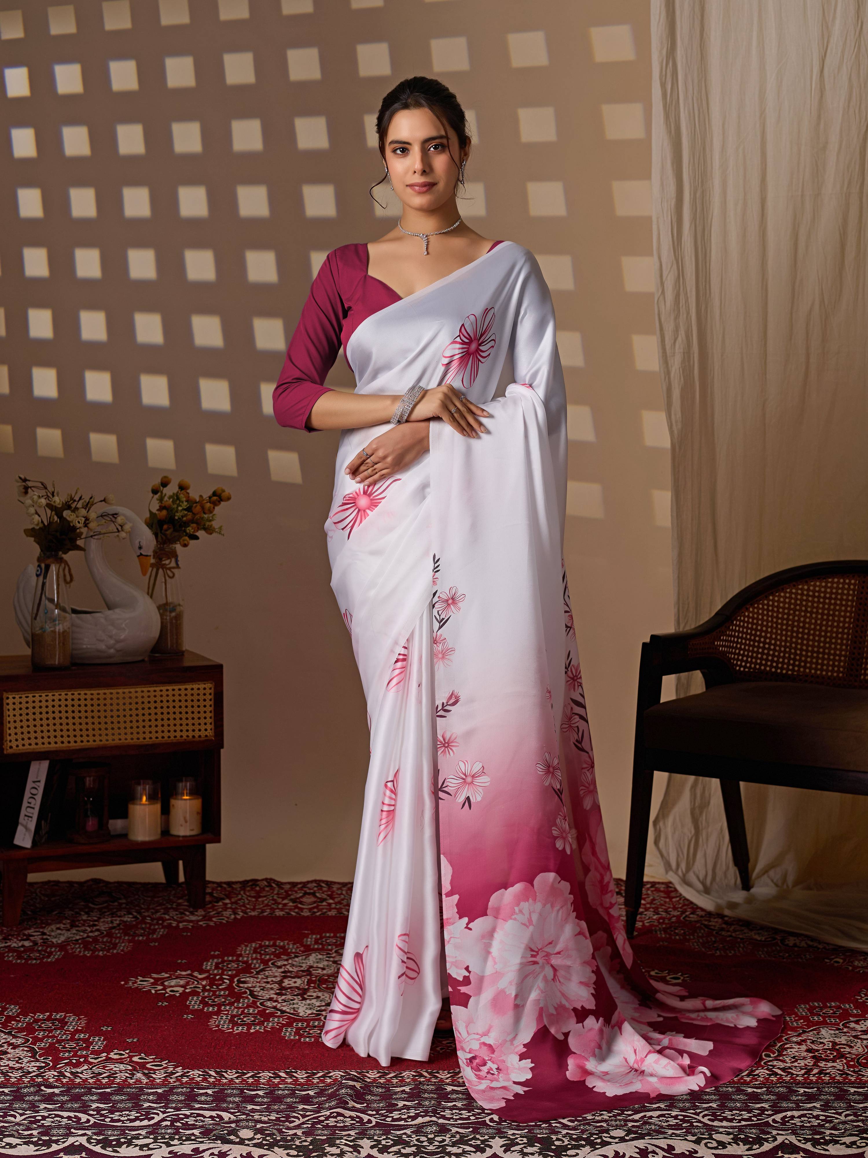 Aastha Fashion White Soft Satin Floral Digital Print Saree | Grocsy
