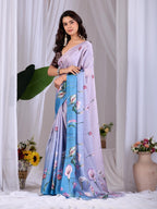 Aastha Fashion Lavender Soft Satin Floral Digital Print Saree | Grocsy