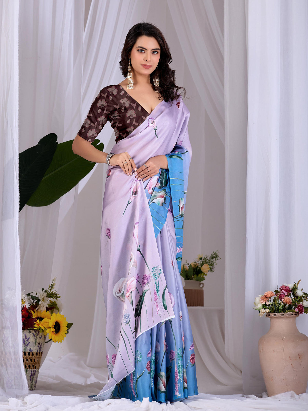 Aastha Fashion Lavender Soft Satin Floral Digital Print Saree | Grocsy