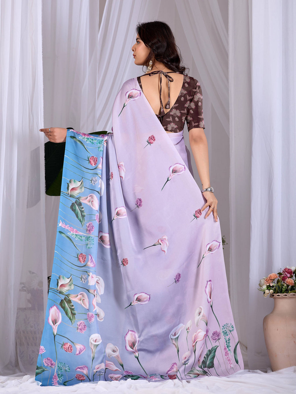 Aastha Fashion Lavender Soft Satin Floral Digital Print Saree | Grocsy