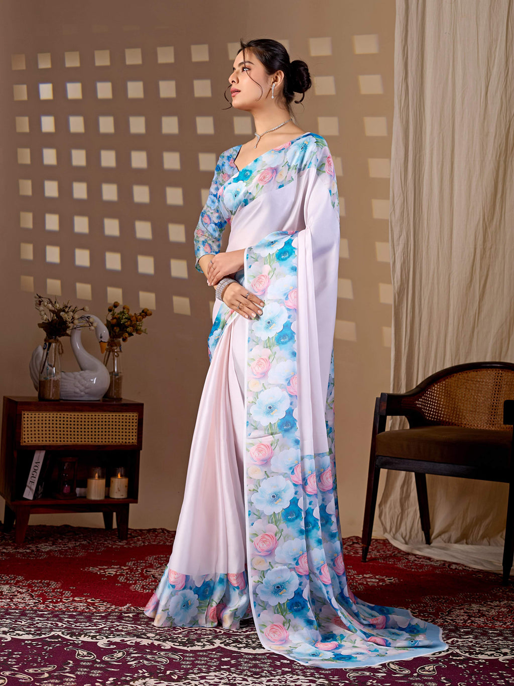 Aastha Fashion Light Pink Soft Satin Floral Digital Print Saree | Grocsy