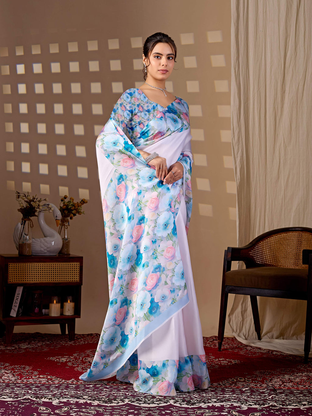 Aastha Fashion Light Pink Soft Satin Floral Digital Print Saree | Grocsy