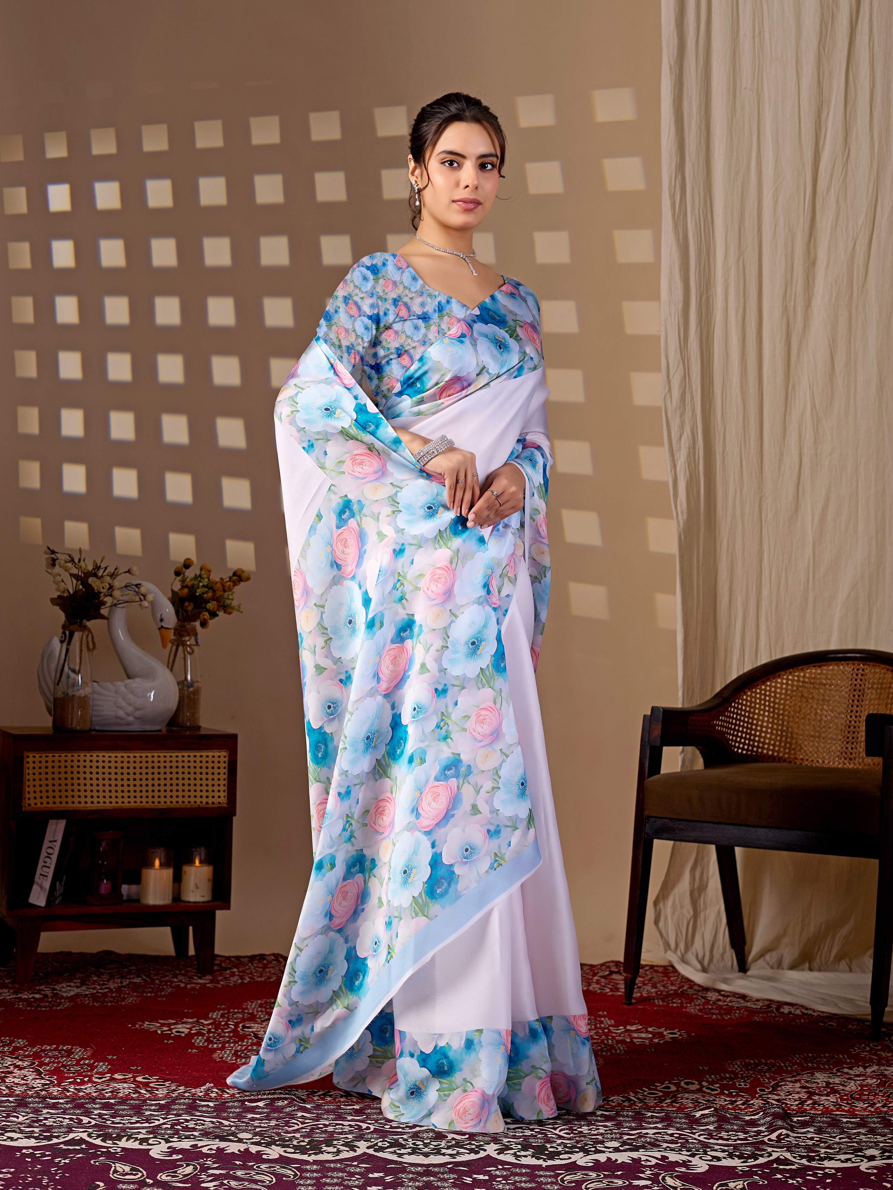 Aastha Fashion Light Pink Soft Satin Floral Digital Print Saree | Grocsy