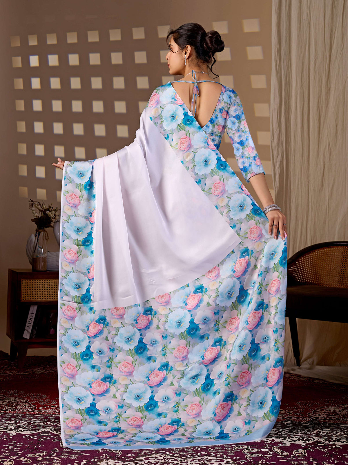 Aastha Fashion Light Pink Soft Satin Floral Digital Print Saree | Grocsy