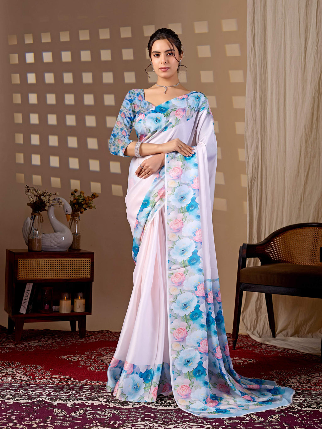Aastha Fashion Light Pink Soft Satin Floral Digital Print Saree | Grocsy