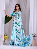 Aastha Fashion See Green Soft Satin Floral Digital Print Saree | Grocsy