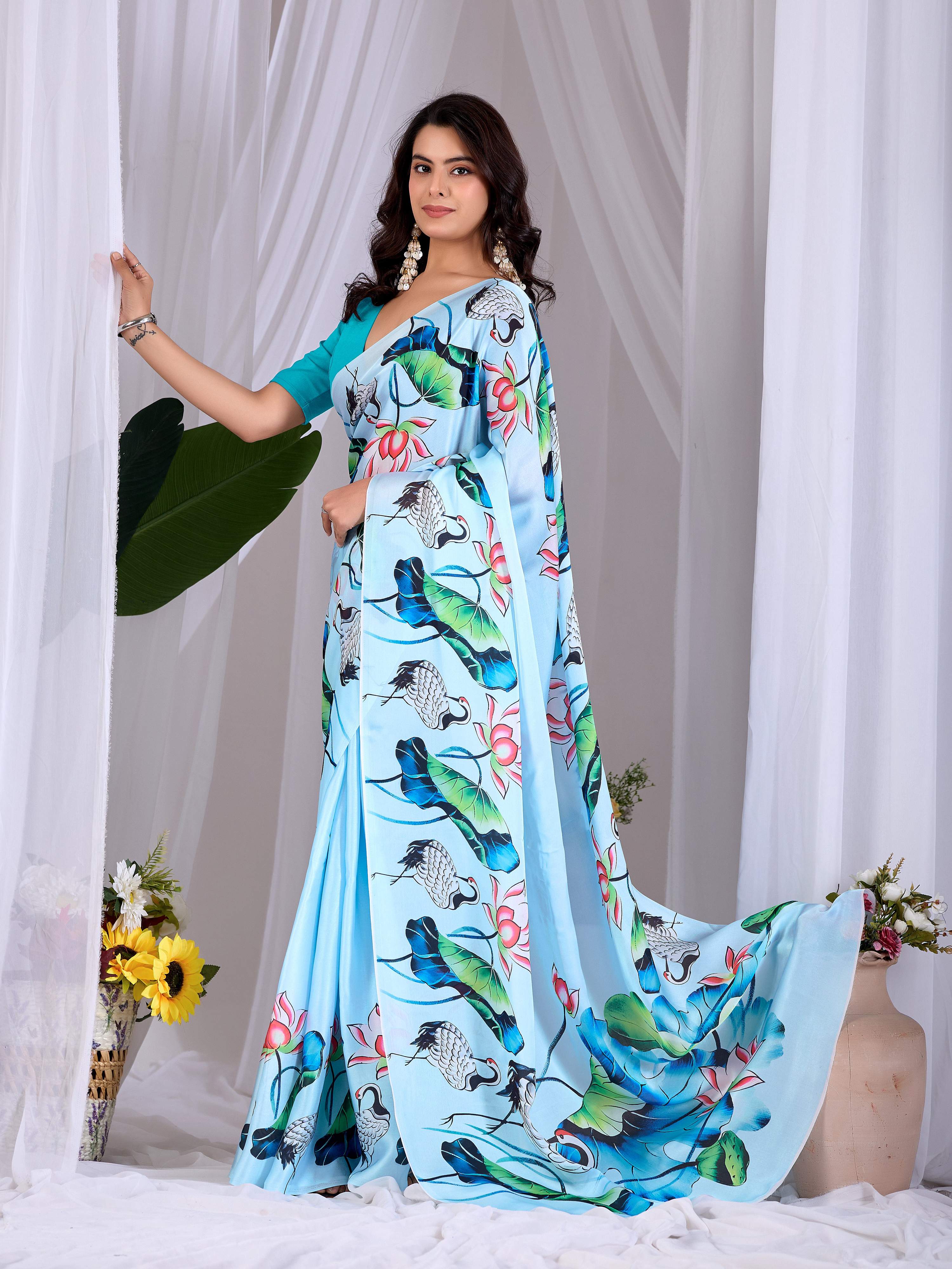 Aastha Fashion See Green Soft Satin Floral Digital Print Saree | Grocsy