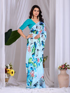 Aastha Fashion See Green Soft Satin Floral Digital Print Saree | Grocsy