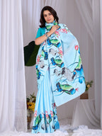 Aastha Fashion See Green Soft Satin Floral Digital Print Saree | Grocsy