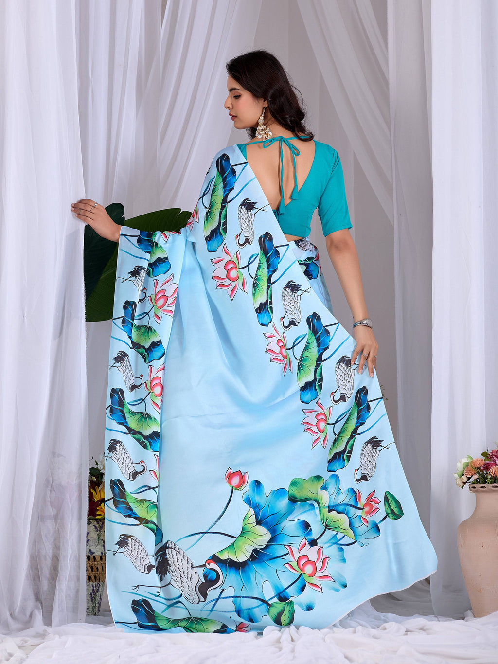 Aastha Fashion See Green Soft Satin Floral Digital Print Saree | Grocsy