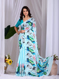 Aastha Fashion See Green Soft Satin Floral Digital Print Saree | Grocsy