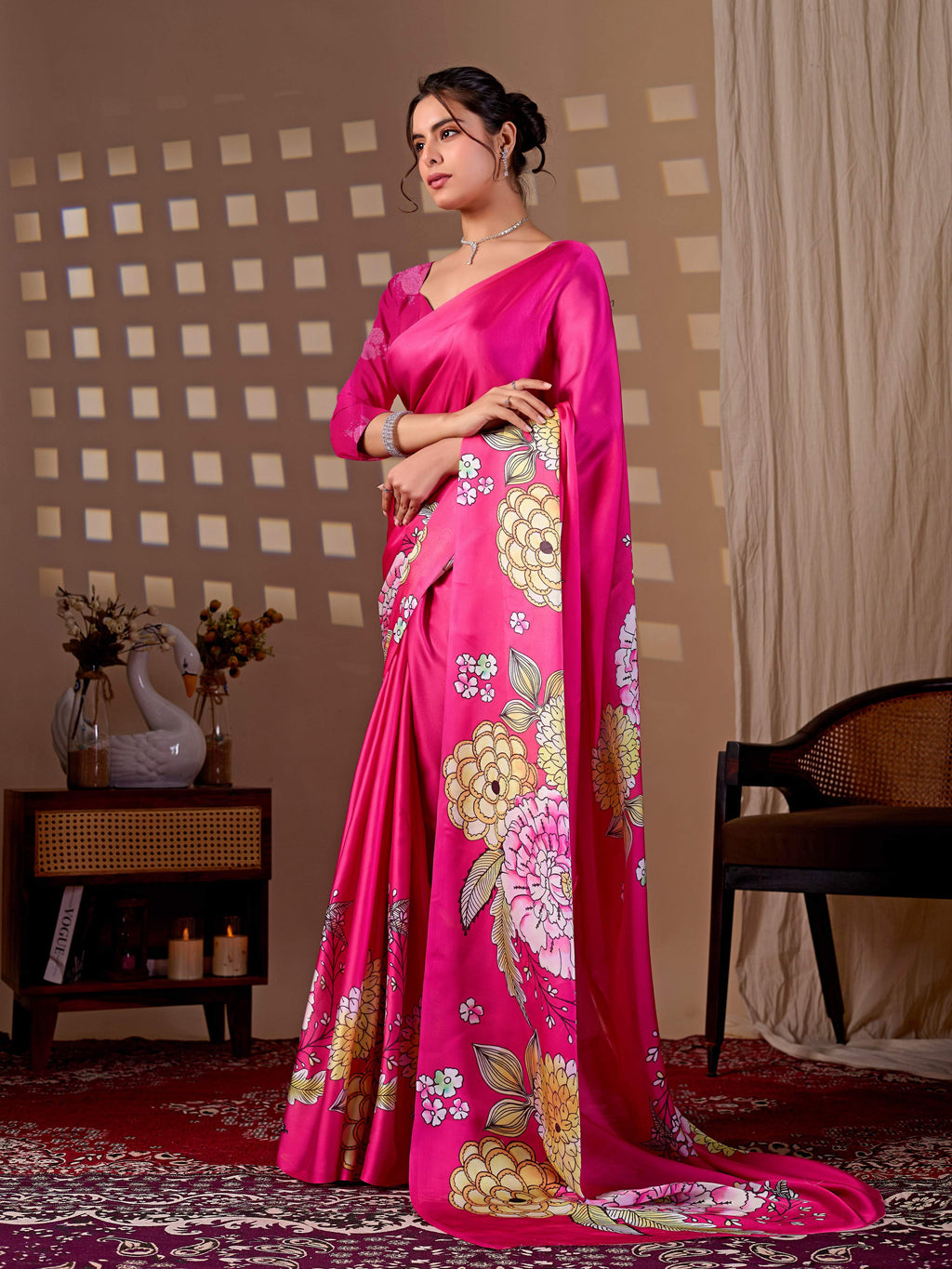 Aastha Fashion Magenta Soft Satin Floral Digital Print Saree | Grocsy