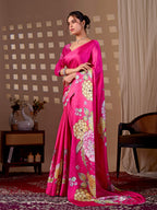 Aastha Fashion Magenta Soft Satin Floral Digital Print Saree | Grocsy
