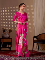 Aastha Fashion Magenta Soft Satin Floral Digital Print Saree | Grocsy