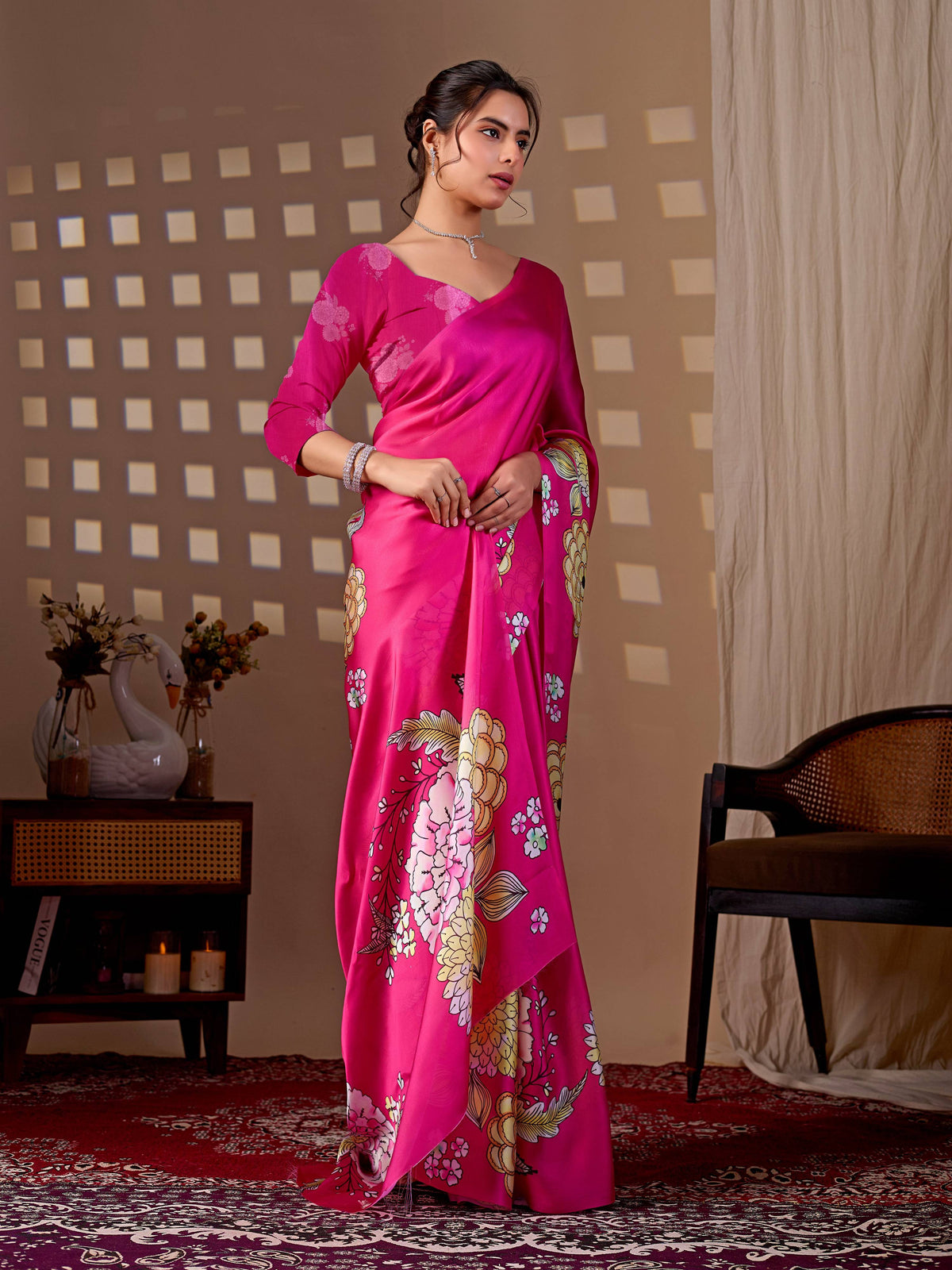 Aastha Fashion Magenta Soft Satin Floral Digital Print Saree | Grocsy