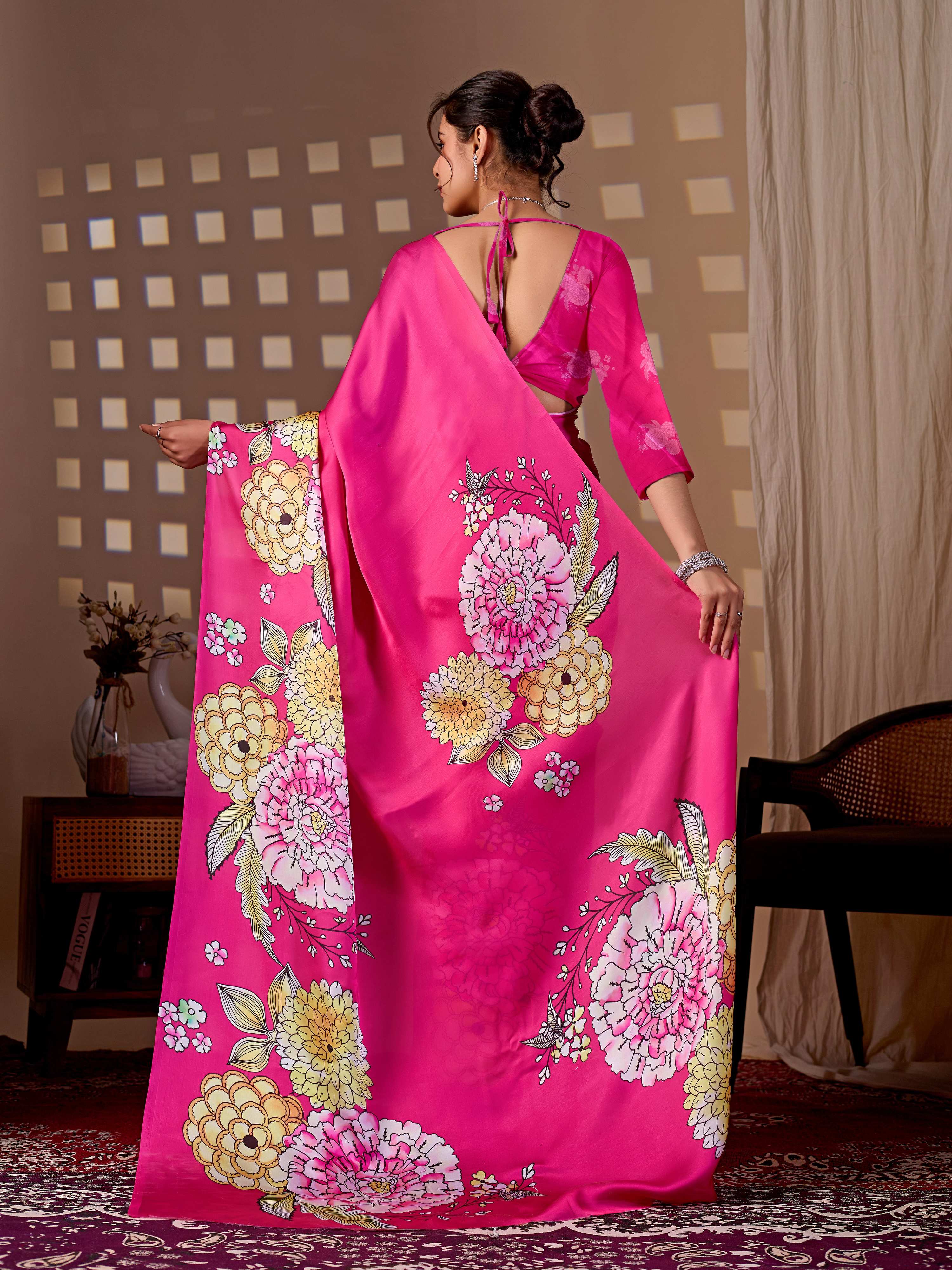Aastha Fashion Magenta Soft Satin Floral Digital Print Saree | Grocsy