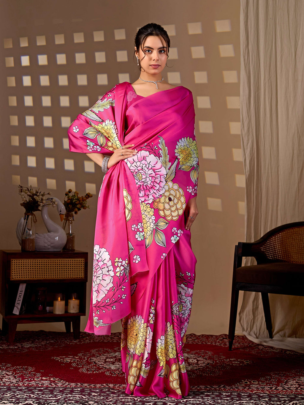 Aastha Fashion Magenta Soft Satin Floral Digital Print Saree | Grocsy