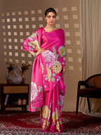 Aastha Fashion Magenta Soft Satin Floral Digital Print Saree | Grocsy