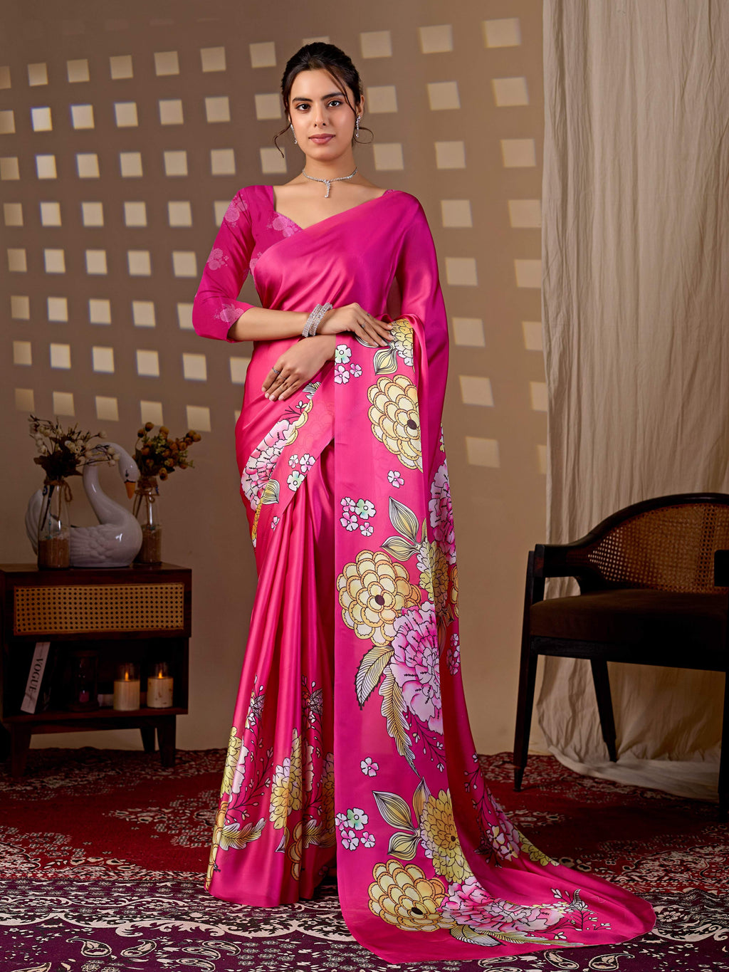 Aastha Fashion Magenta Soft Satin Floral Digital Print Saree | Grocsy