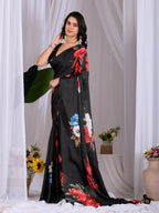 Aastha Fashion Black Soft Satin Georgette Printed Saree | Grocsy