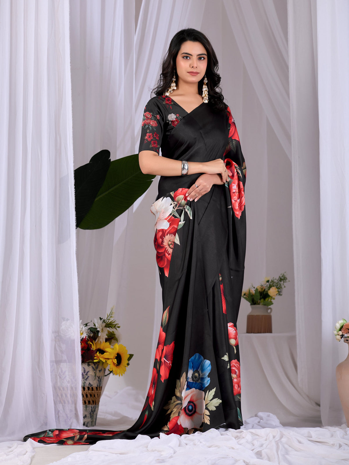 Aastha Fashion Black Soft Satin Georgette Printed Saree | Grocsy