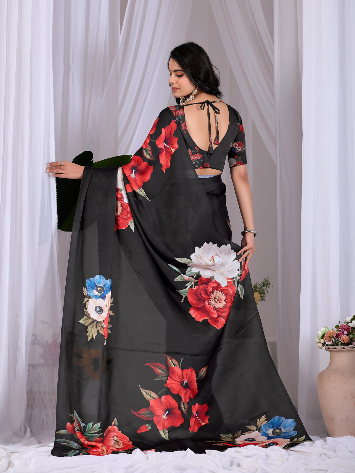 Aastha Fashion Black Soft Satin Georgette Printed Saree | Grocsy