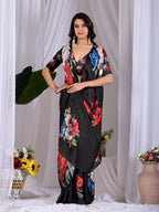 Aastha Fashion Black Soft Satin Georgette Printed Saree | Grocsy