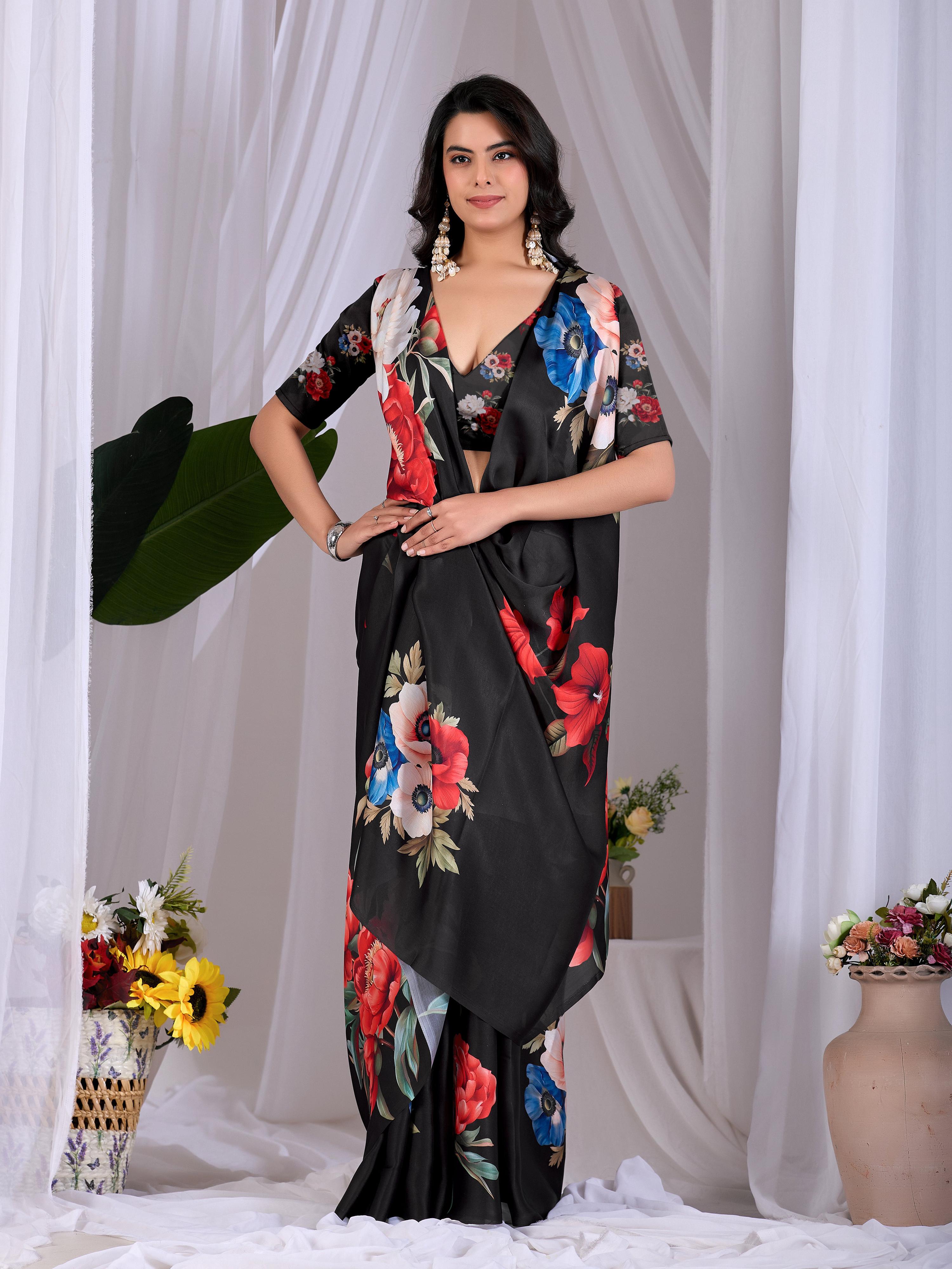 Aastha Fashion Black Soft Satin Georgette Printed Saree | Grocsy